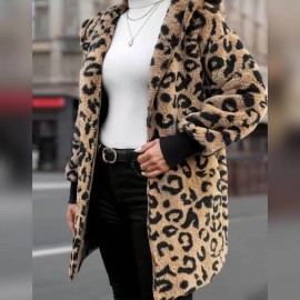 Leopard Print Plus Size Women's Elegant Hooded Winter Coat - Machine Washable Outerwear for Fall & Winter, Soft Warm Fabric, Stylish Women's Outerwear with Hood for Casual to Formal Events