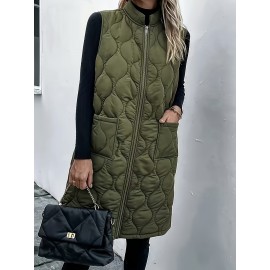 Chic Plus Size Sleeveless Vest - Casual Zip-Up, Warm Puffer Jacket for Women, Solid Color with Stand Collar