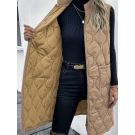 Chic Plus Size Sleeveless Vest - Casual Zip-Up, Warm Puffer Jacket for Women, Solid Color with Stand Collar