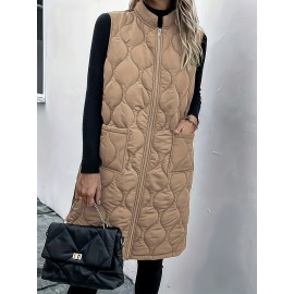 Chic Plus Size Sleeveless Vest - Casual Zip-Up, Warm Puffer Jacket for Women, Solid Color with Stand Collar