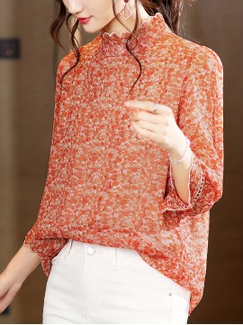Plus Size - Elegant Floral Print Chiffon Blouse with Ruffle Detail - Long Sleeve, High Neck, Lightweight & Versatile for Spring/Fall, Perfect for Casual or Formal Occasions, Ladies Blouses