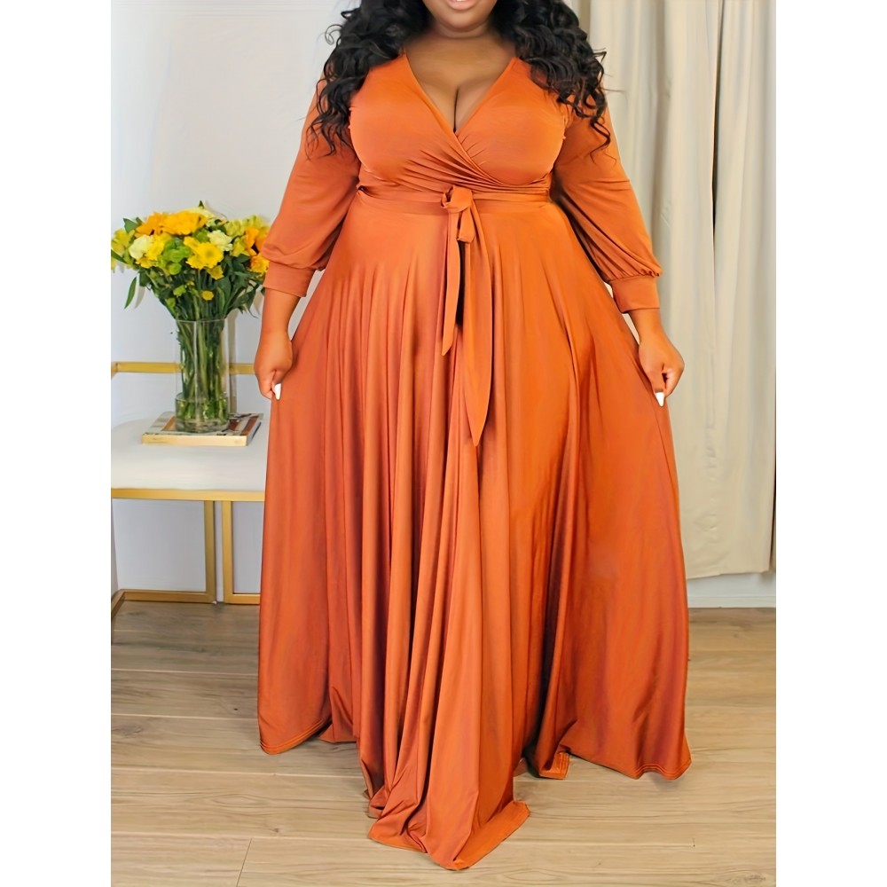 Plus Size Elegant Surplice Neck Maxi Dress - Soft Solid Color, Long Sleeve, Tie Waist, Flattering Fit for Spring & Fall - Women's Comfortable Plus Size Clothing for Everyday Wear